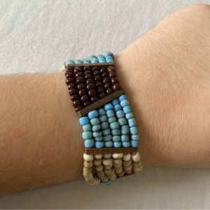 Handmade Stretchy Brown Blue and Tan Beaded Bracelet